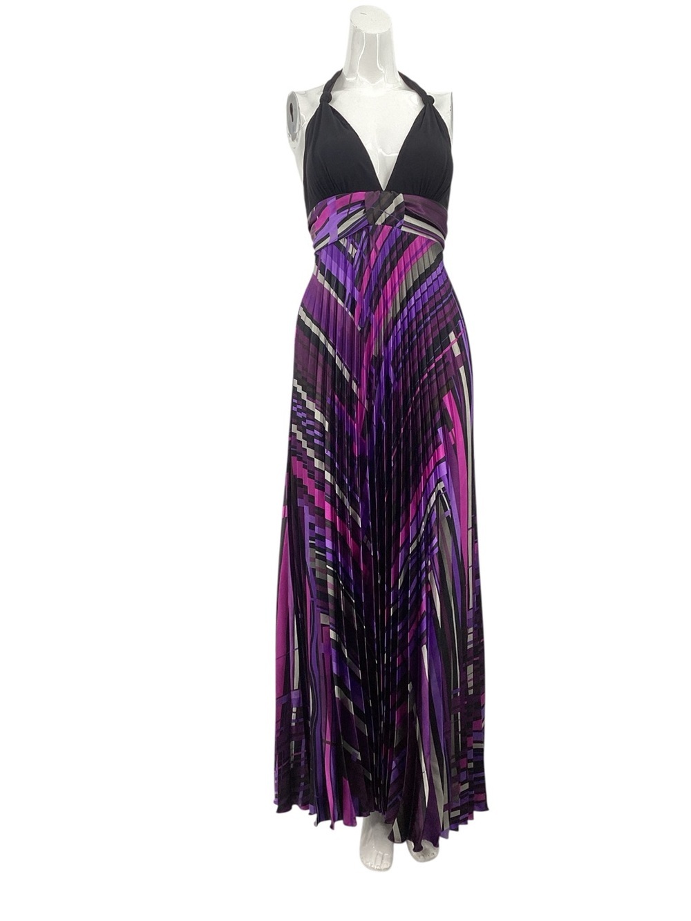 Betsy & Adam Black and Purple Pleated Halter Maxi Dress